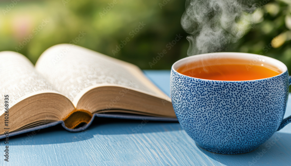 A steaming cup of tea beside an open book on a blue surface, set against a blurred green background, evoking a cozy reading atmosphere. A steaming cup of tea beside an open book on a blue surface, set against a blurred green background, evoking a cozy reading atmosphere.