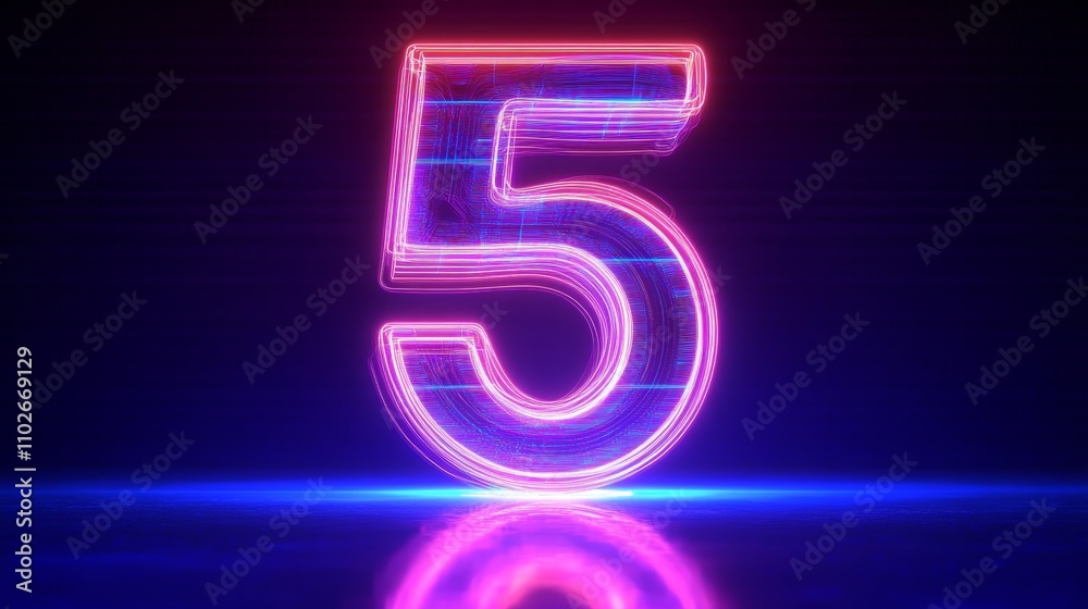 Neon Glowing Number Five in Futuristic Design with Electric Blue and Pink Light on Dark Background Neon Glowing Number Five in Futuristic Design with Electric Blue and Pink Light on Dark Background