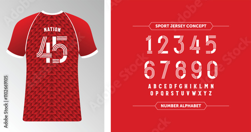 Nation 45: Red sport jersey template with bold striped patterns. Includes A-Z characters and numbers for a standout style.