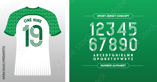 One Nine 19: Green and white soccer jersey with geometric patterns. Stylish stripes and A-Z characters for a modern look.