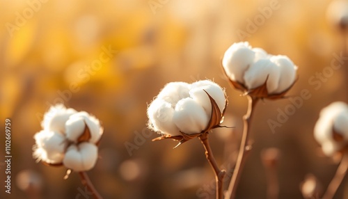 Soft cotton bolls in a field at sunset.