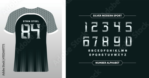 Stain Steel 84: Dark jersey with sharp typography. A standout design for unique team branding. Fully customizable with alphabet and numbers.