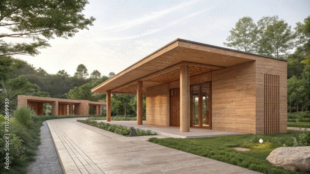 An elegantly designed pavilion made from rammed earth merging architectural beauty with ecological integrity. An elegantly designed pavilion made from rammed earth merging architectural beauty with ecological integrity.