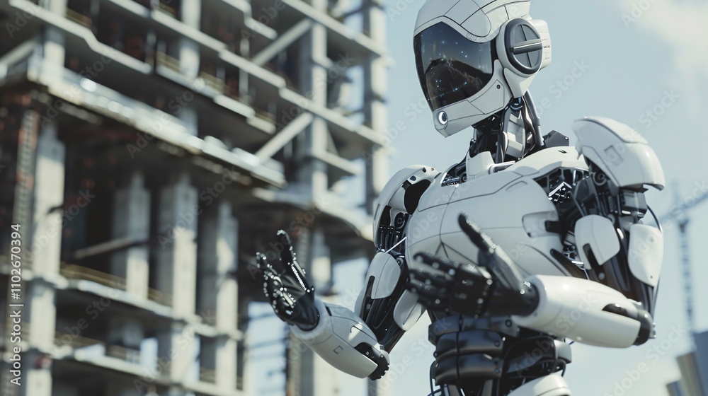 Fototapeta premium Futuristic robotic enforcer or security standing guard and patrolling a modernistic urban landscape with skyscrapers and grid like architectural structures in the background