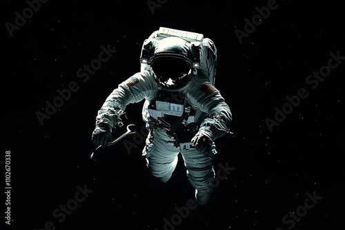 Astronaut in Spacesuit Floating in Space Holding Wrench in the Dark Vastness of the Universe