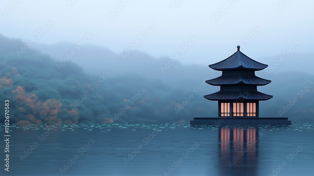 Thai-style black roof pagoda, 3D, flat, minimalist, with leaves in the foreground and background. Thai-style black roof pagoda, 3D, flat, minimalist, with leaves in the foreground and background.