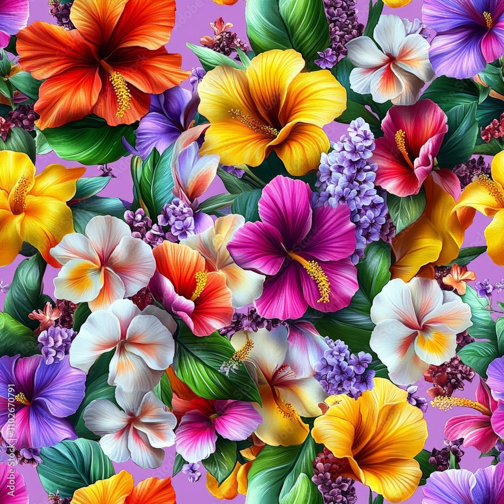 Vibrant Tropical Flower Pattern with Hibiscus and Orchids on Lavender Background Vibrant Tropical Flower Pattern with Hibiscus and Orchids on Lavender Background