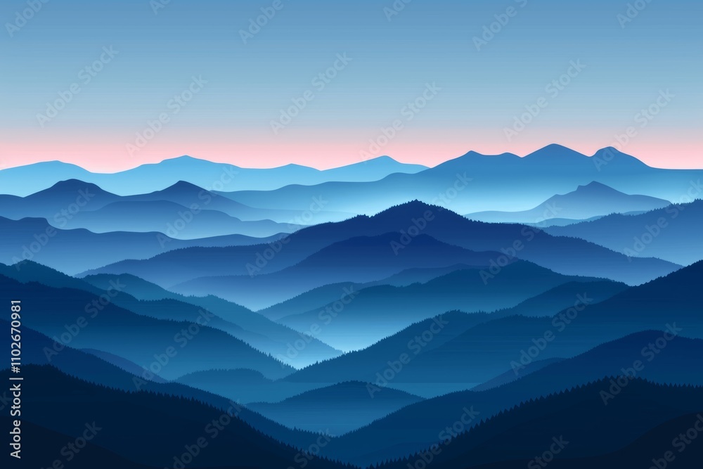 Blue Mountain Silhouette Landscape with Foggy Sky