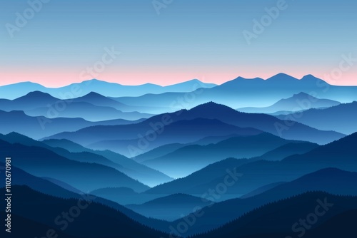 Blue Mountain Silhouette Landscape with Foggy Sky