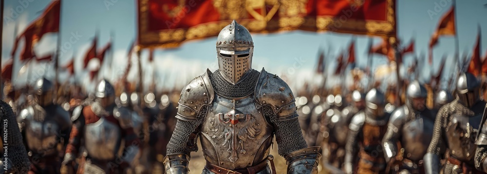 Fototapeta premium A knight in armor leading a medieval army on a battlefield.