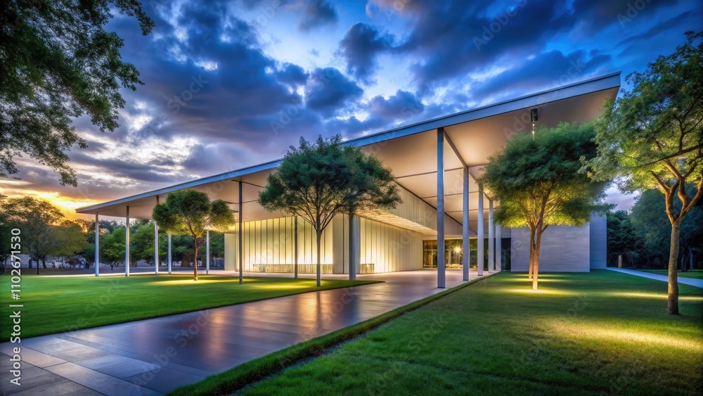 Fototapeta premium Long Exposure of the Menil Collection Exterior in Houston, Texas - Modern Architecture, Art Museum, Night Scene, Urban Landscape, Artistic Design, Cultural Landmark