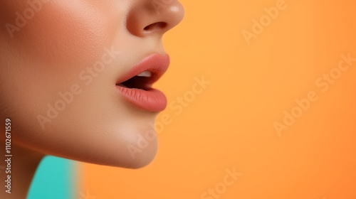 A close-up of a person speaking softly into a voice-activated device, with blurred background details of a modern home interior. Focus on the mouth and the device, warm lighting, diverse representatio