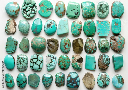 Collection of turquoise gemstones with unique textures and colors, showcasing natural patterns and variances. Earthy decoration and jewelry inspiration. photo