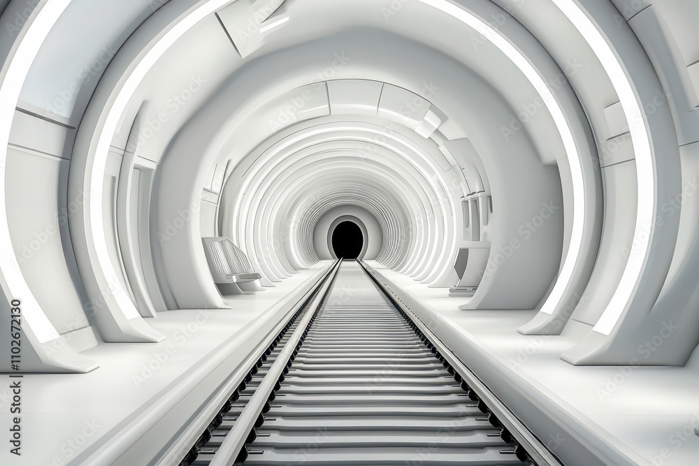 Futuristic Empty Subway Tunnel with Illuminated Walls and Tracks Leading into Darkness, Concept of Speed, Modern Design, Transport, Architecture, and Urban Space Futuristic Empty Subway Tunnel with Illuminated Walls and Tracks Leading into Darkness, Concept of Speed, Modern Design, Transport, Architecture, and Urban Space