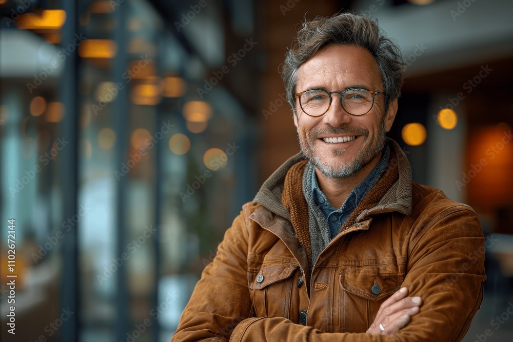 Smiling Businessman with Glasses and Brown Jacket in Front of Modern Office Building Smiling Businessman with Glasses and Brown Jacket in Front of Modern Office Building