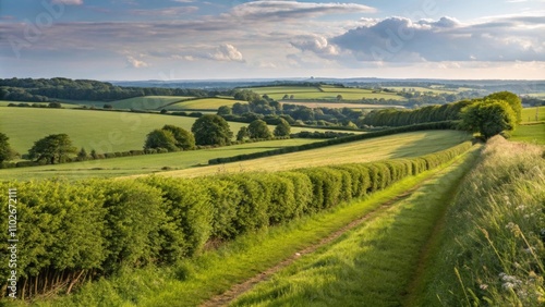 Sheltering hedgerows border the cultivated fields encouraging wildlife while promoting crop growth and resilience.