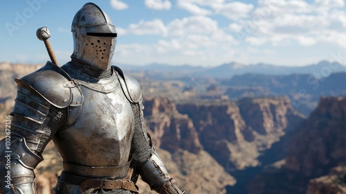 A knight in armor stands proudly overlooking a vast canyon landscape.