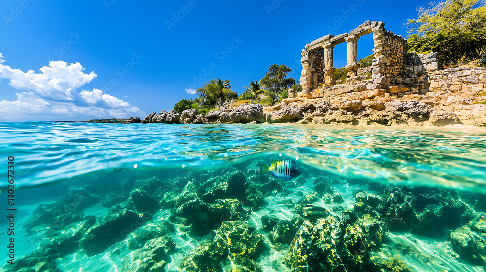 Fototapeta premium stunning underwater view showcasing vibrant coral reefs and ancient ruins under clear blue sky. dynamic composition captures beauty of nature and history