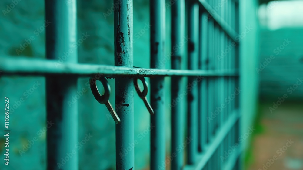 A close-up of a rusty, teal-colored prison gate, highlighting the texture and details of the bars and lock mechanism. A close-up of a rusty, teal-colored prison gate, highlighting the texture and details of the bars and lock mechanism.