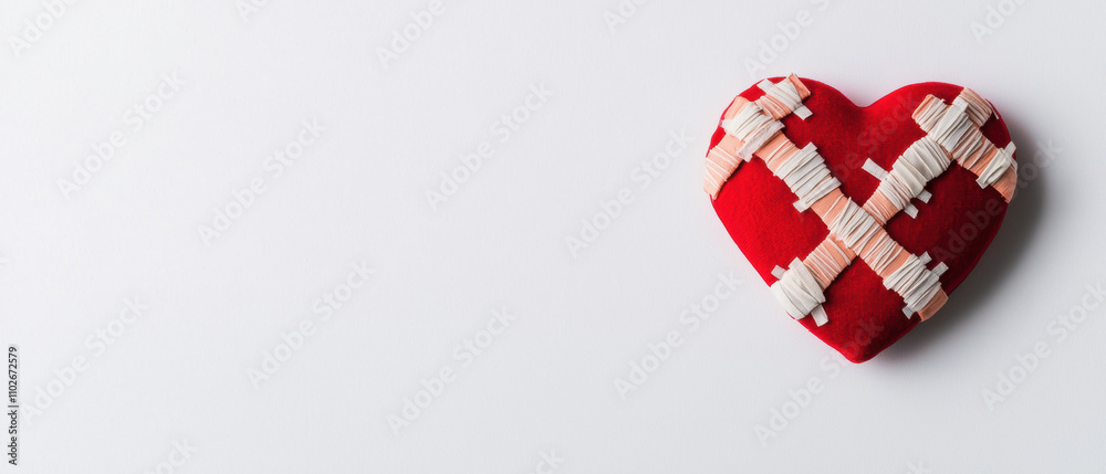 Fototapeta premium A red heart-shaped decoration with a woven pattern, set against a simple white background, evoking feelings of love and warmth.