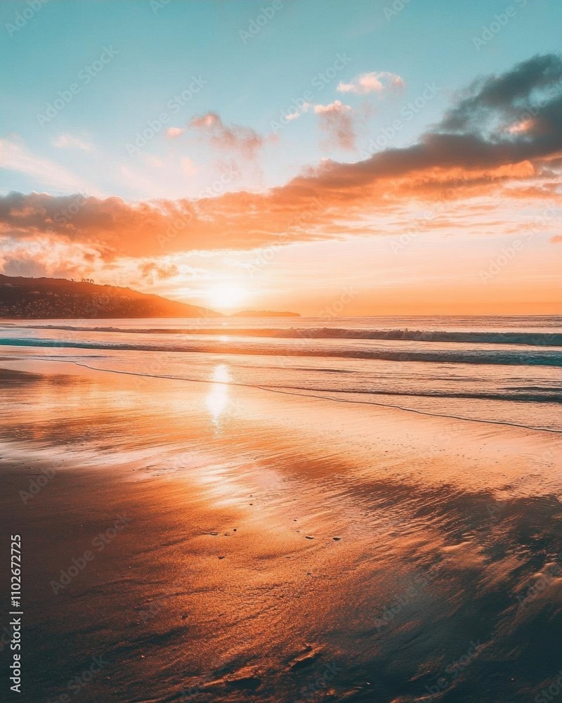 A serene beach sunset reflecting vibrant colors on the water. A serene beach sunset reflecting vibrant colors on the water.