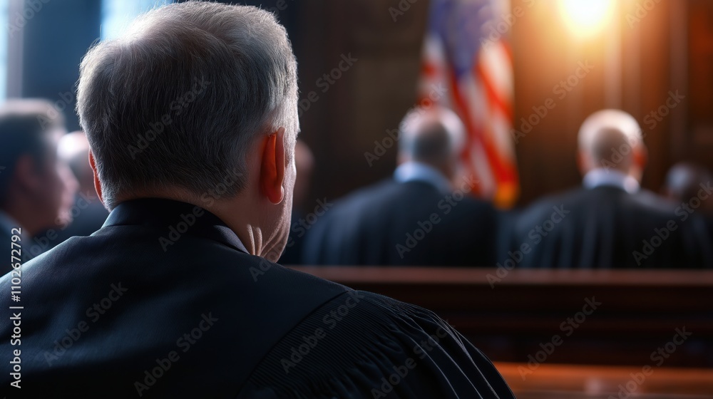 Fototapeta premium A judge presides over a courtroom, focusing on proceedings with fellow judges in the background, illuminated by soft light and an American flag.