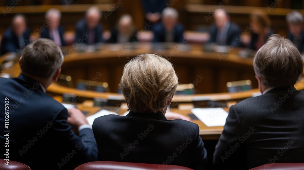 A group of officials engaged in discussion around a circular table, emphasizing collaboration and governance in a formal setting. A group of officials engaged in discussion around a circular table, emphasizing collaboration and governance in a formal setting.