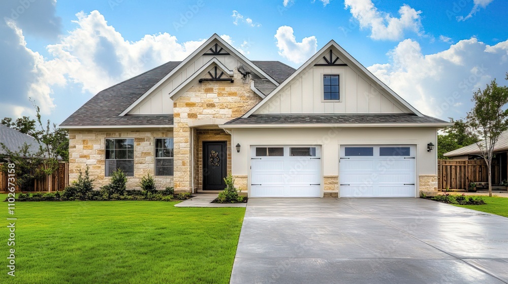 A beautiful modern two-story house with a white garage door, stone accents, and a lush green lawn. A beautiful modern two-story house with a white garage door, stone accents, and a lush green lawn.