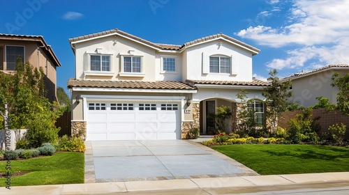 A beautiful modern two-story house with a white garage door, stone accents, and a lush green lawn. 