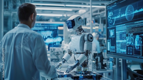 A robotic machine being developed in an R&D lab, surrounded by engineers and digital displays