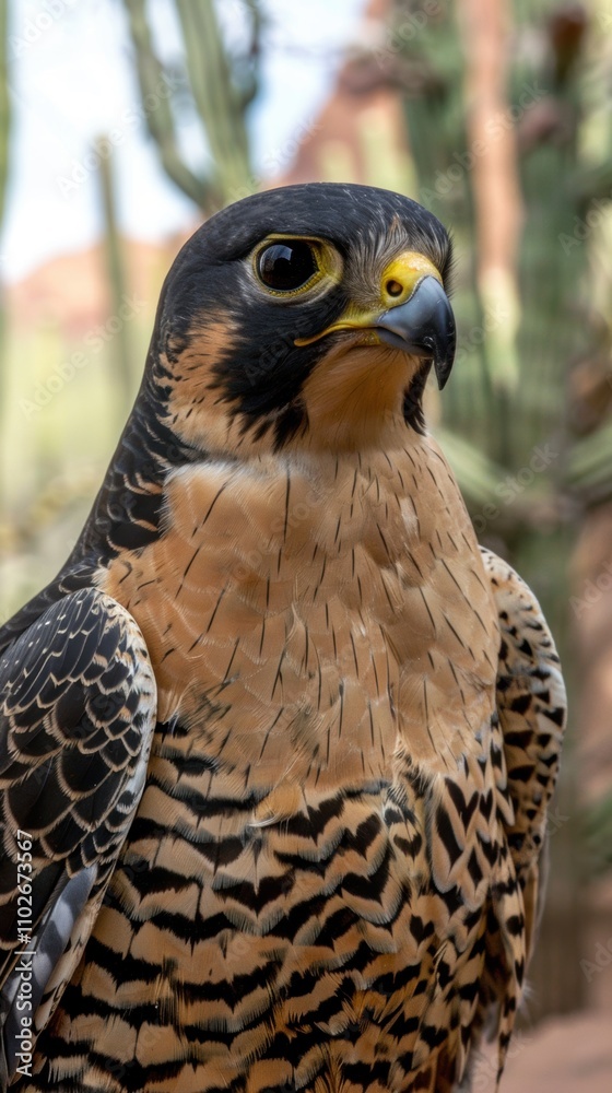 A close-up of a peregrine falcon showcasing its striking features. A close-up of a peregrine falcon showcasing its striking features.