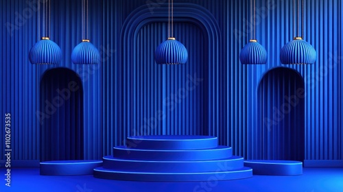 Blue Stage Setting with Hanging Lamps and Archways