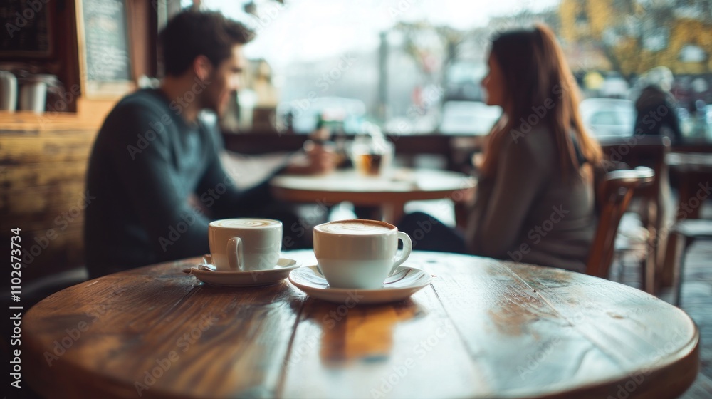 A romantic scene at a quiet café, with a couple sitting close together, enjoying coffee and conversation A romantic scene at a quiet café, with a couple sitting close together, enjoying coffee and conversation