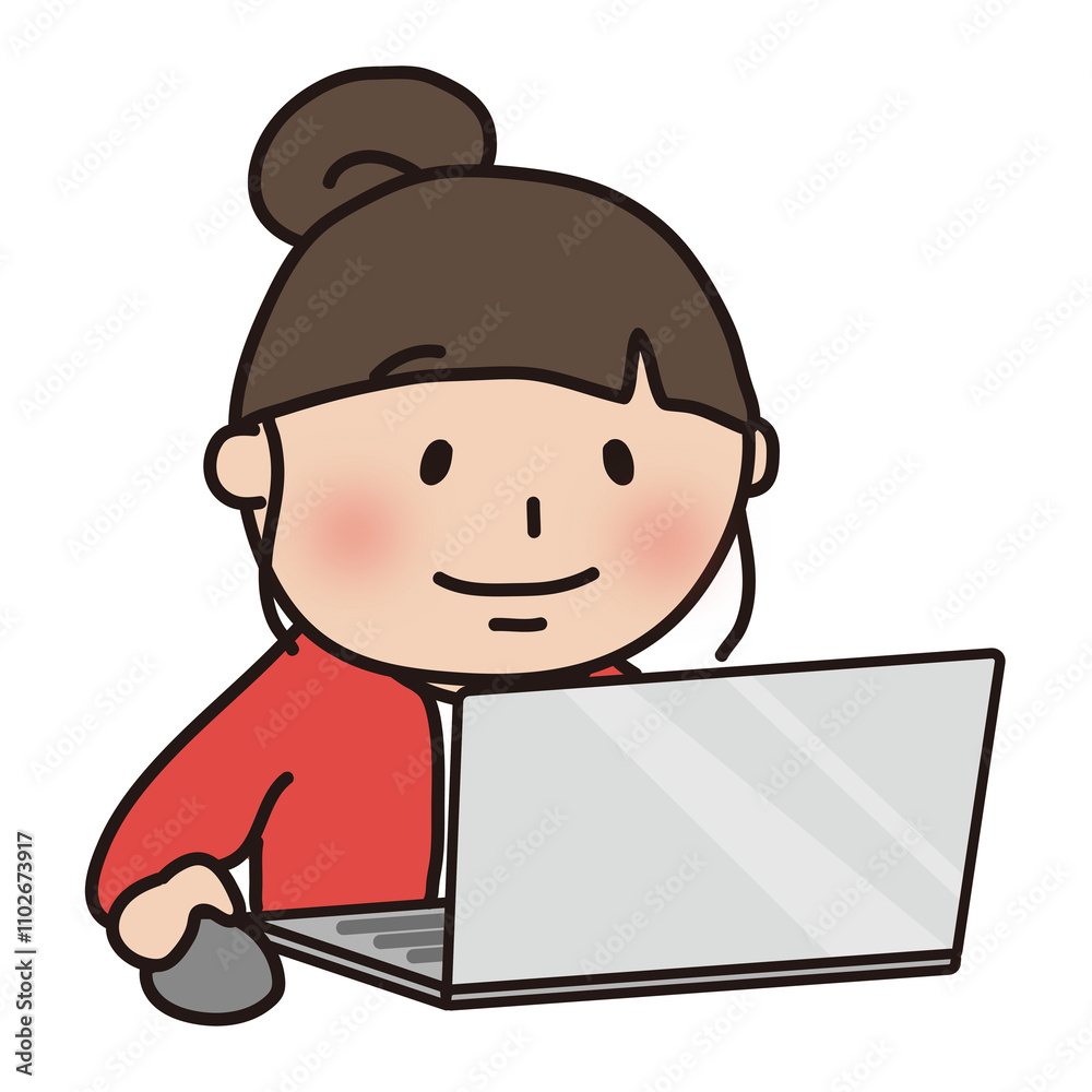 パソコン操作をするお団子の女性