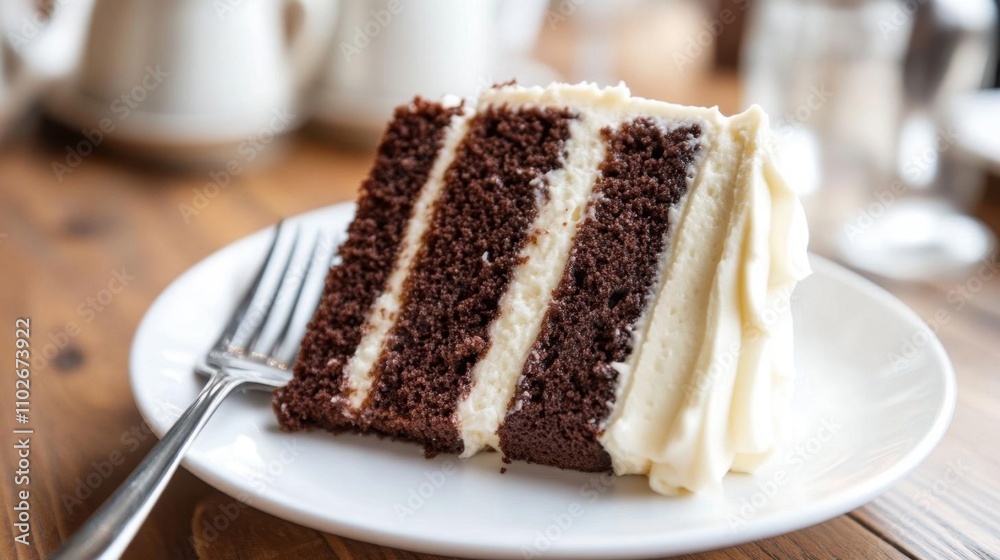 A slice of chocolate cake with creamy frosting on a white plate.