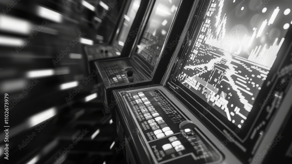 A black and white close-up of futuristic arcade machines with digital displays, set in a high-speed, data-driven environment. The monochrome effect amplifies the high-tech aesthetic. AI generated. A black and white close-up of futuristic arcade machines with digital displays, set in a high-speed, data-driven environment. The monochrome effect amplifies the high-tech aesthetic. AI generated.