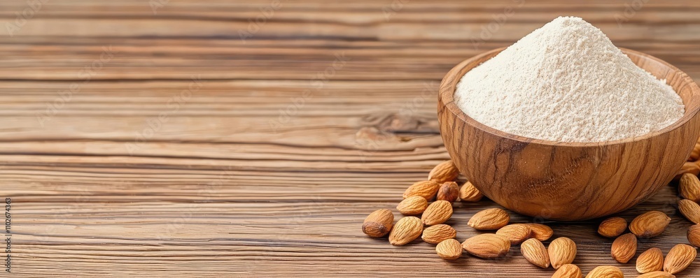 Almond flour in wooden bowl with almonds on rustic wooden surface. Almond flour in wooden bowl with almonds on rustic wooden surface.