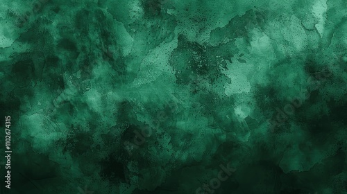 Emerald Green Abstract Watercolor Background with Dark Grunge Texture and Black Ink Splashes
