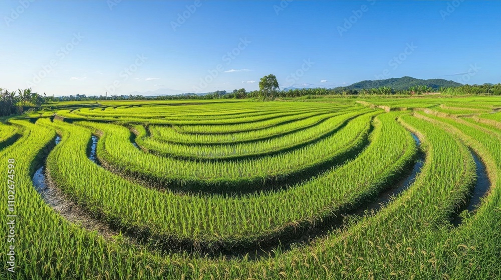Lush green terraced rice fields under a clear blue sky.