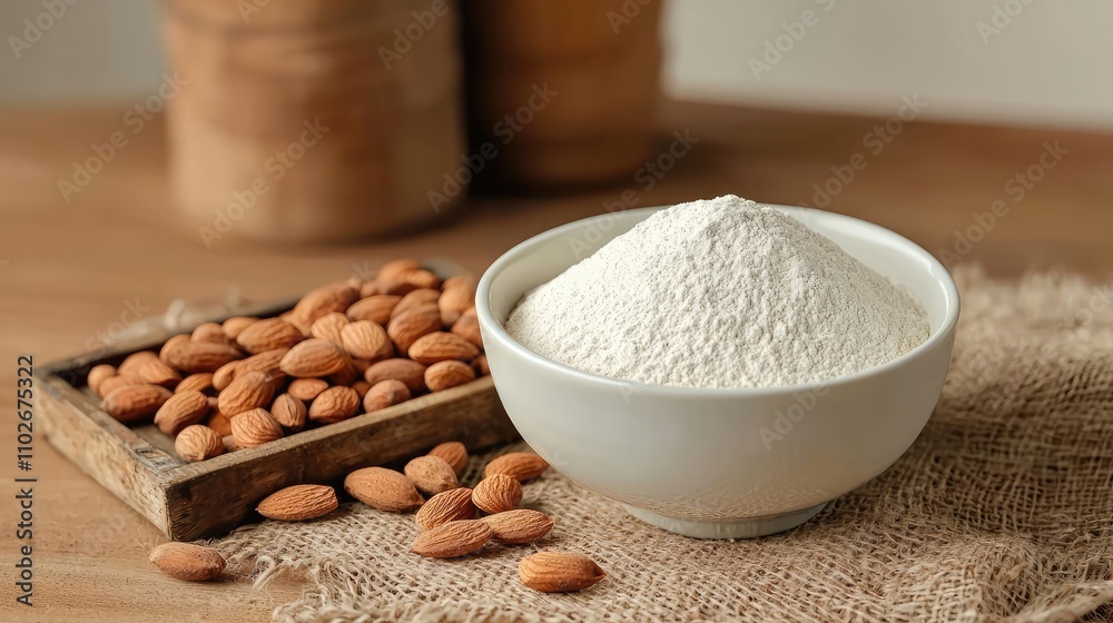 Bowl of almond flour with whole almonds on wooden surface, natural lighting. Bowl of almond flour with whole almonds on wooden surface, natural lighting.