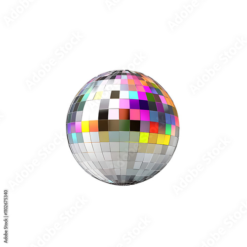 A sparkling disco ball, party element, hyper-realistic art style, silver and multicolor reflections, isolated on white background