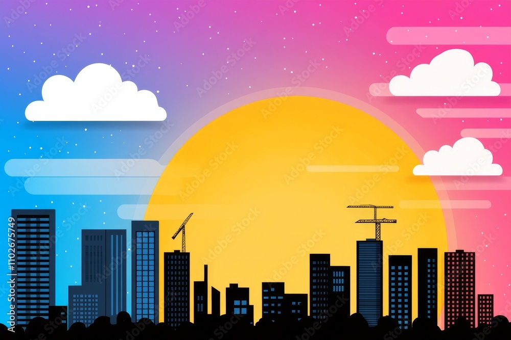 Fototapeta premium A flat, abstract representation of a construction crane and a building silhouette in minimalist style