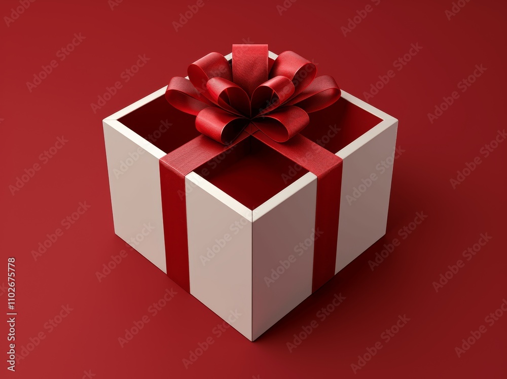 Open white gift box with red ribbon bow on red background, top view, Valentine's Day, 3D rendering, copy space, high quality Open white gift box with red ribbon bow on red background, top view, Valentine's Day, 3D rendering, copy space, high quality