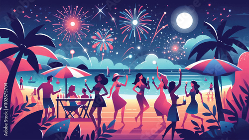 illustration of a beach atmosphere with a night sky filled with fireworks, and people partying happily