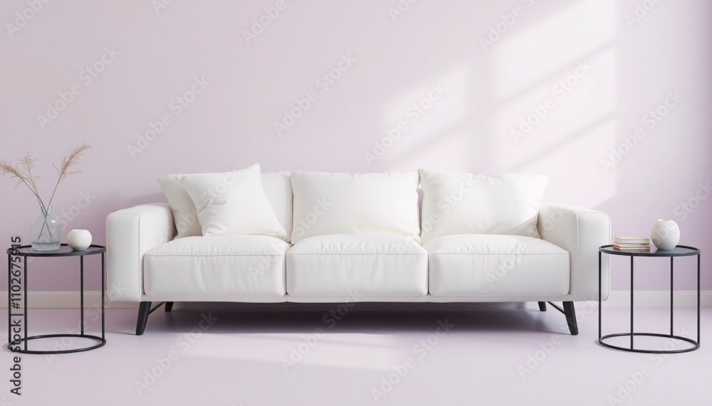 White sofa, side tables, and pale pink walls. Modern, clean aesthetic. White sofa, side tables, and pale pink walls. Modern, clean aesthetic.