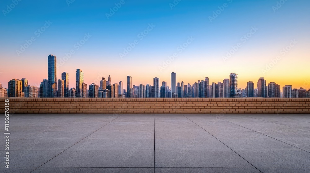 Stunning skyline view from a rooftop at sunset, showcasing urban architecture.