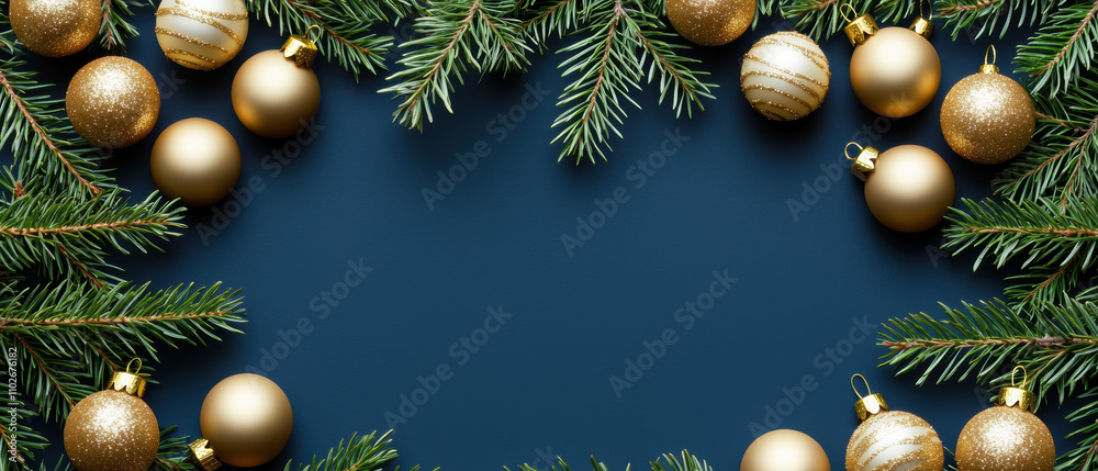 A festive arrangement of golden Christmas ornaments surrounded by evergreen branches on a deep blue background. A festive arrangement of golden Christmas ornaments surrounded by evergreen branches on a deep blue background.