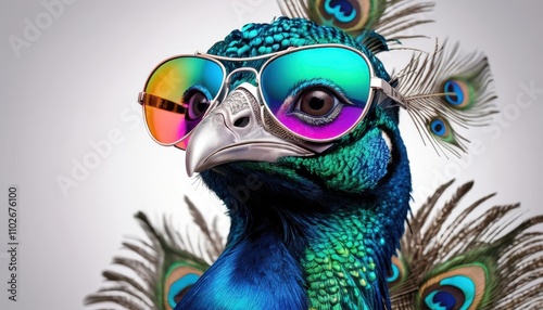 A vibrant peacock wearing stylish sunglasses, showcasing its colorful plumage and unique personality.