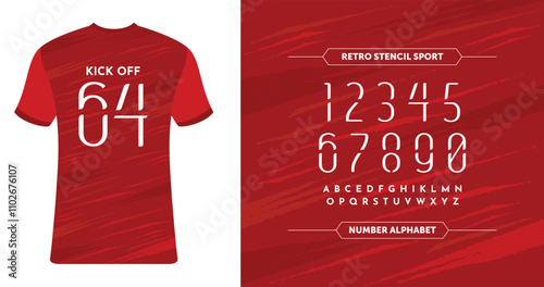 Kick Off 64: Bold red jersey with dynamic typography. Perfect for a standout look on the field. Includes customizable alphabet and numbers for your team’s identity.