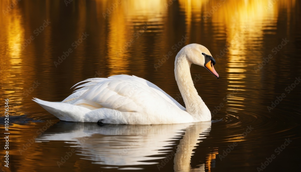 Naklejka premium A serene swan glides gracefully across a shimmering lake, reflecting golden hues from the surrounding landscape.